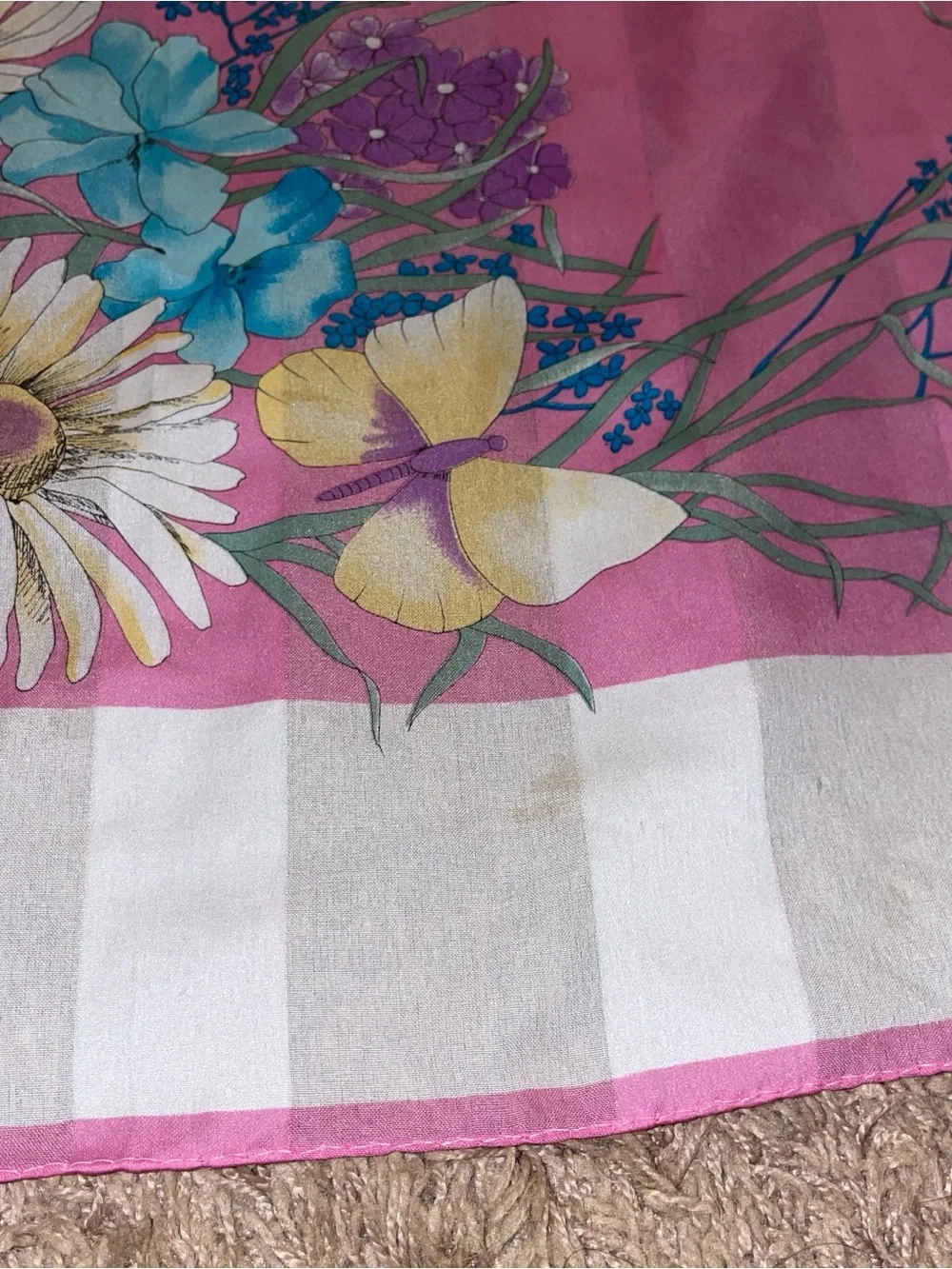 Floral Pink Silk-Feel Scarf with Blue Accents